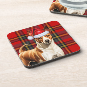 Christmas Basenji Dog Red and Green Plaid Holiday Coaster
