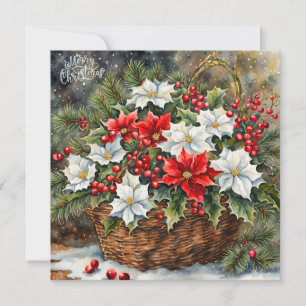 Christmas Basket with Poinsettia Flowers, Berries  Holiday Card