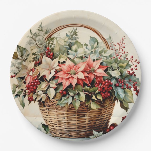 Christmas Basket with Poinsettia Flowers, Berries  Paper Plate (Front)