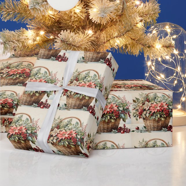 Christmas Basket with Poinsettia Flowers, Berries  Wrapping Paper (Holidays)