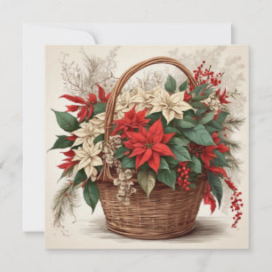 Christmas Basket with Red, White Poinsettia Flower Holiday Card