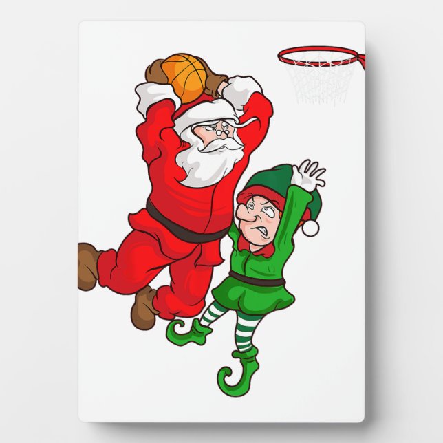 Christmas Basketball Santa Claus Slam Dunk Elf Fun Plaque (Front)