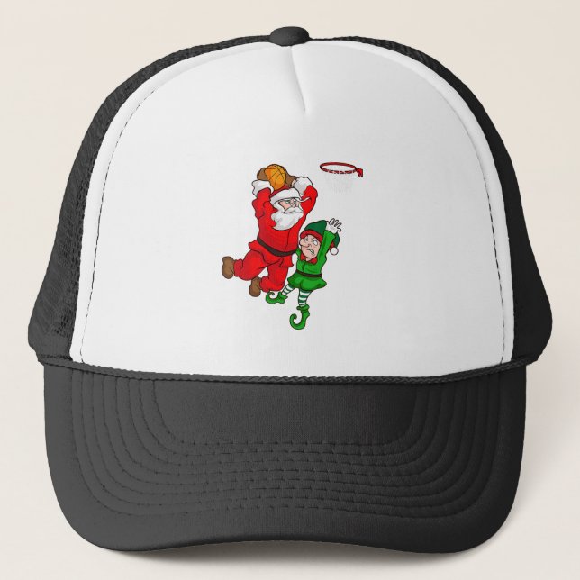 Christmas Basketball Santa Claus Slam Dunk Elf Fun Trucker Hat (Front)