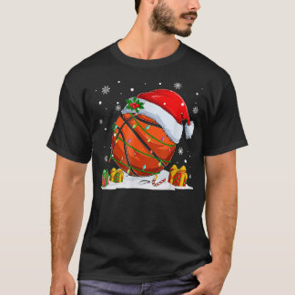 Christmas Basketball Santa Hat Fairy Lights Around T-Shirt