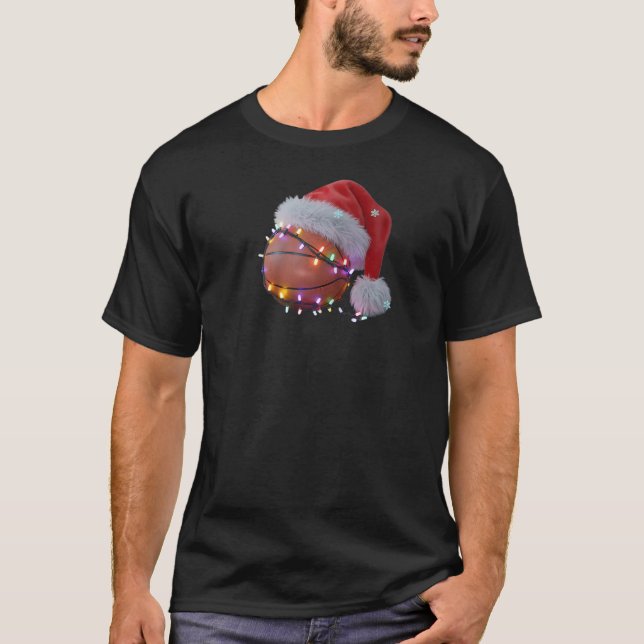 Christmas Basketball Santa Hat Funny Holiday Ragla T-Shirt (Front)