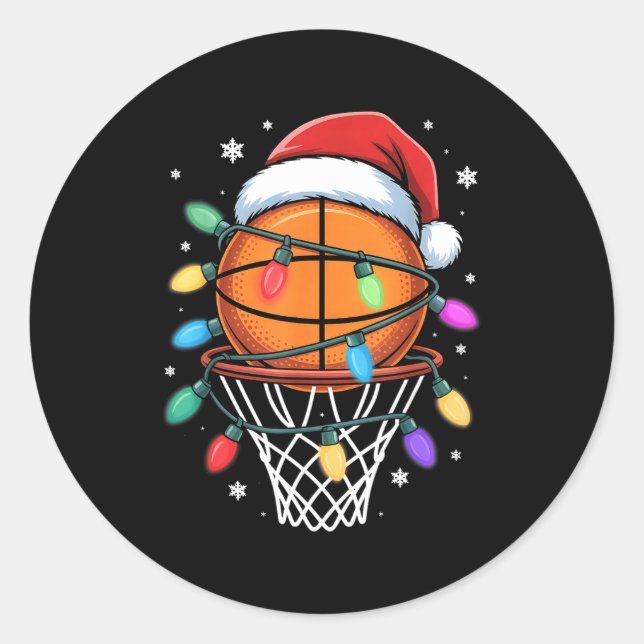 Christmas Basketball Santa Hat Xmas Light Basketba Classic Round Sticker (Front)