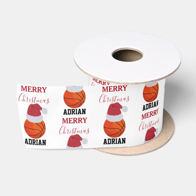 Christmas Basketball Sports Ball Custom Name Satin Ribbon (Spool)