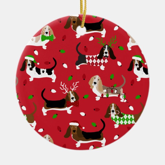 Christmas Basset Hound Ceramic Ornament (Front)