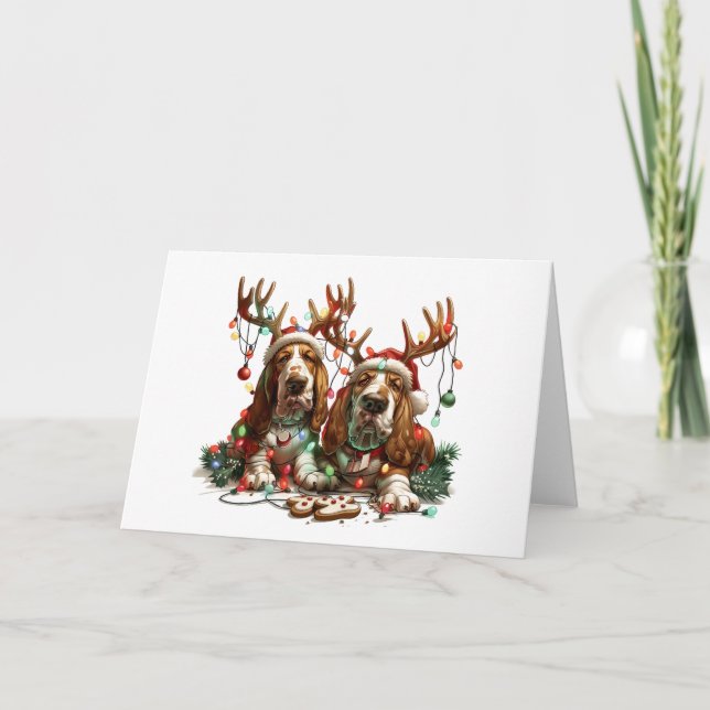 Christmas Basset Hound Dogs Holiday Card (Front)