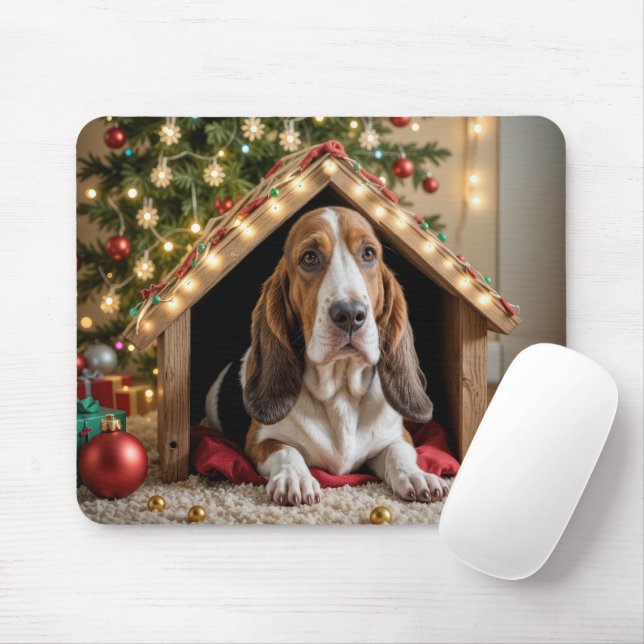 Christmas Basset Hound In a Doghouse Mouse Pad (With Mouse)