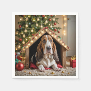 Christmas Basset Hound In a Doghouse Napkin