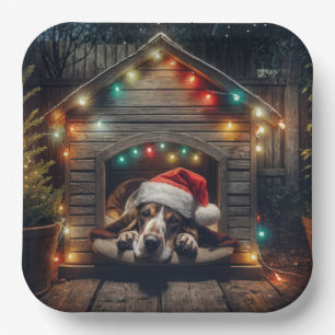 Christmas Basset Hound In Doghouse Paper Plate