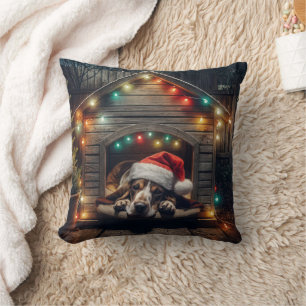 Christmas Basset Hound In Doghouse Throw Pillow