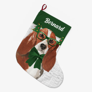 Christmas Basset Hound with Dog's Name Large Christmas Stocking