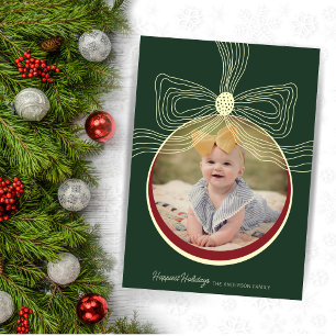 Christmas Bauble & Bow Green Red Photo Card 