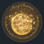 Christmas bauble gold glitter address  classic round sticker<br><div class="desc">Add a beautiful holiday detail to your holiday cards, and other correspondence during the Christmas season with this festive round return address envelope seal. An elegant gold glitter Christmas bauble accents the centre of the design on a warm dark background for a contrast-rich text. Personalize with your family name, street...</div>