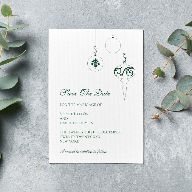 Christmas Bauble Ornaments Winter Green Wedding Save The Date (Winter Wedding Christmas Baubles Wedding Save The Date - Pine Green)