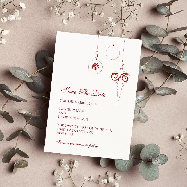 Christmas Bauble Ornaments Winter Red Wedding Save The Date (Christmas Wedding Save The Date Card - Berry Red)