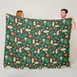 Christmas Baubles and Winter Foliage Green Fleece Blanket