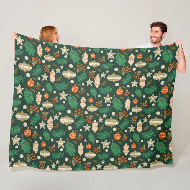 Christmas Baubles and Winter Foliage Green Fleece Blanket (In Situ)