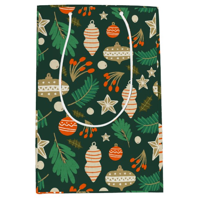 Christmas Baubles and Winter Foliage Green Medium Gift Bag (Front)