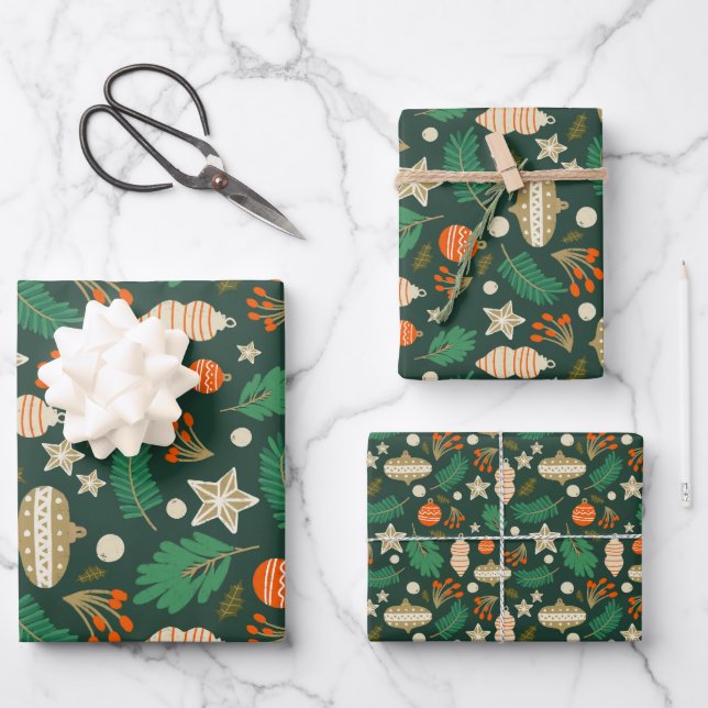 Christmas Baubles and Winter Foliage Green Wrapping Paper Sheet (Front)
