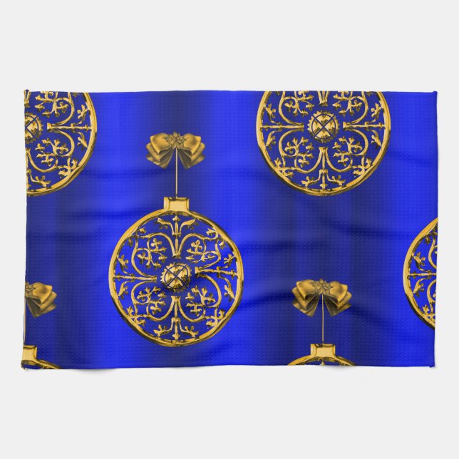 Christmas Baubles on Blue Kitchen Towel (Horizontal)
