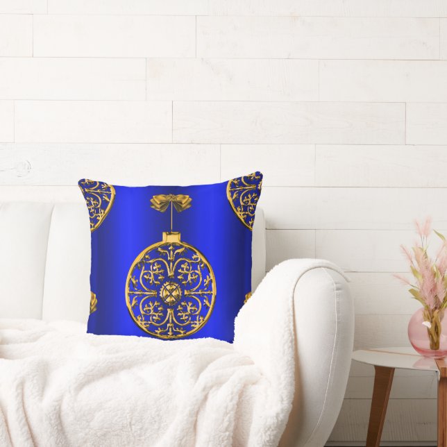 Christmas Baubles on Blue Throw Pillow (Couch)