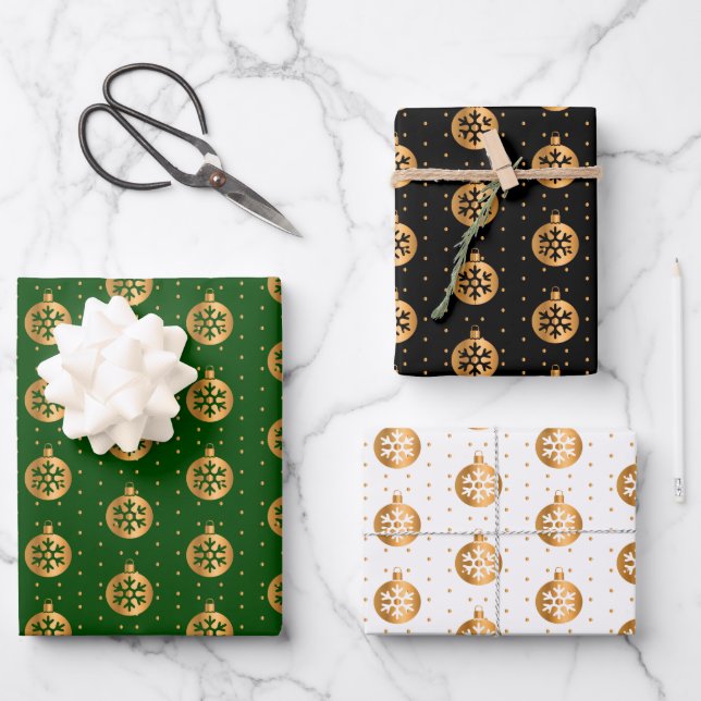 Christmas Baubles on Green, Black and White Wrapping Paper Sheet (Front)