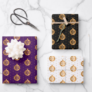 Christmas Baubles on Purple, Black and White Wrapping Paper Sheet