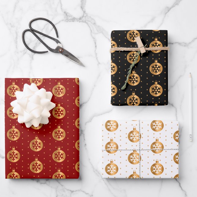 Christmas Baubles on Red, Black and White Wrapping Paper Sheet (Front)
