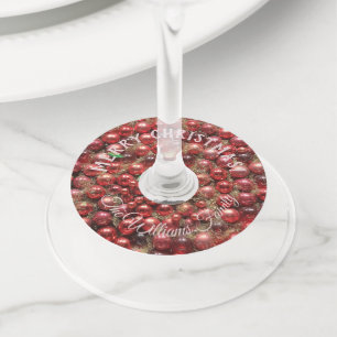 Christmas Baubles Pink Red Add Name and Text Wine Glass Tag