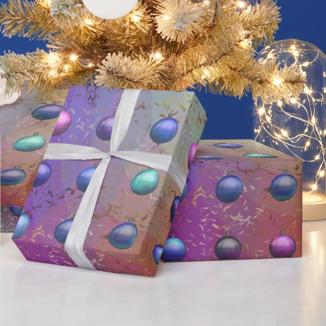 Christmas Baubles Purple Aqua Patterned Chic Wrapping Paper (Holidays)