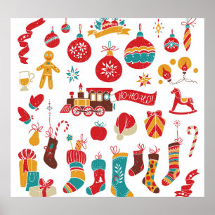 Christmas Baubles: Snowy Vintage Set. Poster