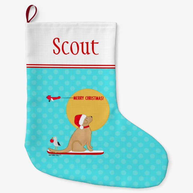 Christmas Beach Day Surfing Dog Aqua Stocking (Front)