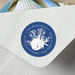 Christmas Beach Sand Dollar Navy Return Address Classic Round Sticker<br><div class="desc">This coastal Christmas round return address label features a sand dollar and starfish on glitter coral,  with a navy blue background.
*If you would like this design on more products or need design help,  please contact me through Zazzle Chat.</div>