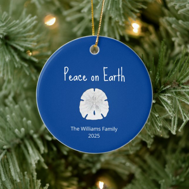 Christmas Beach Sand Dollar Peace on Earth Blue Ceramic Ornament (Tree)
