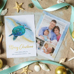 Christmas Beach Sea Turtle 3 Photo Coastal Foil Holiday Card<br><div class="desc">Real gold foil adds elegance to this coastal themed Christmas card, featuring a watercolor turquoise blue sea turtle on an abstract beach background with a gold glitter sparkly wave, and gold Merry Christmas. On the back are 3 photo templates to easily personalize the cards with your favourite family photos. Check...</div>