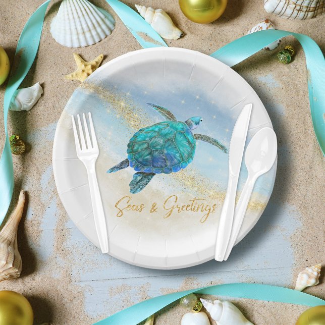 Christmas Beach Sea Turtle Seas and Greetings Paper Plate (Creator Uploaded)