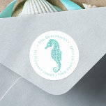 Christmas Beach Seahorse Round Return Address  Classic Round Sticker<br><div class="desc">This coastal Christmas return address label features an aqua blue glitter seahorse on a lighter aqua blue background.
*If you would like this design on more products or need design help,  please contact me through Zazzle Chat.</div>
