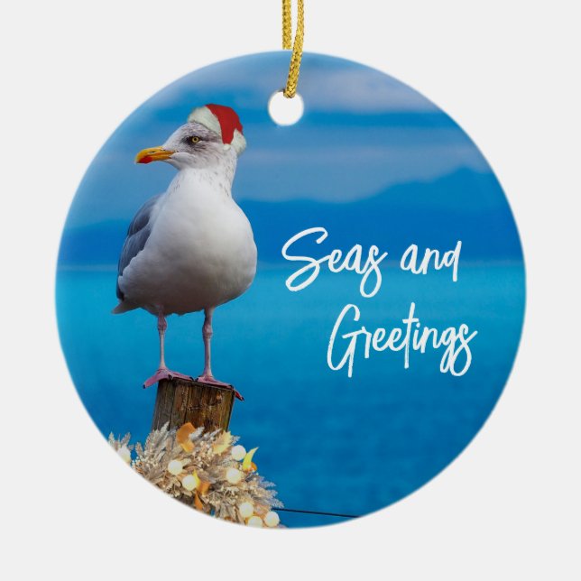 Christmas Beach Seas and Greetings Seagull Ocean Ceramic Ornament (Front)