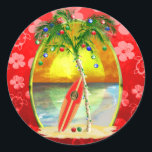 Christmas Beach Sunset Classic Round Sticker<br><div class="desc">Happy Holidays from the warm sandy beaches of your favourite tropical island beach. Palm tree decorated with Christmas ornaments and lights,  with a retro surfboard leaning against the Christmas tree in front a sunset over the ocean. Red holiday colour background of Hawaiian Honu sea turtles and hibiscus flowers.</div>