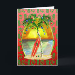 Christmas Beach Sunset Holiday Card<br><div class="desc">Happy Holidays from the warm sandy beaches of your favourite tropical island beach. Palm tree decorated with Christmas ornaments and lights, with a retro surfboard leaning against the Christmas tree in front a sunset over the ocean. Red and green holiday colour background of Hawaiian Honu sea turtles and Tiki Masks...</div>