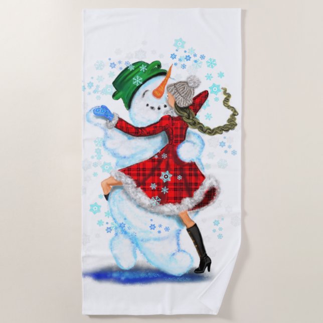 Christmas Beach Towel Snowman and Girl Dancing (Front)