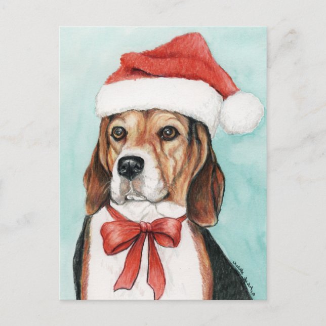 Christmas Beagle Dog Art Postcad Holiday Postcard (Front)