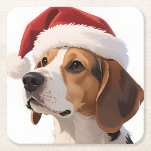 Christmas Beagle Dog in Santa Hat Square Paper Coaster