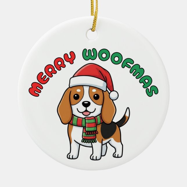 Christmas Beagle Ornament: Merry Woofmas Ceramic Ornament (Front)
