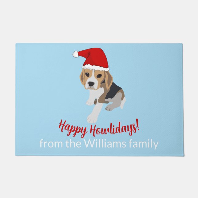 CHRISTMAS BEAGLE PUPPY IN RED XMAS SANTA HAT BLUE DOORMAT (Front)