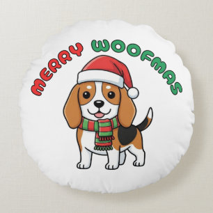 Christmas Beagle Round Pillow: Merry Woofmas Round Pillow