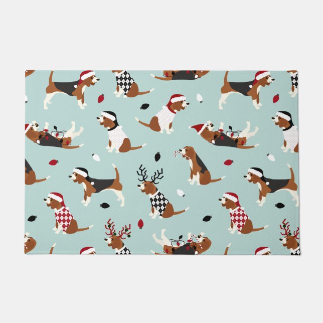 Christmas Beagles Blue Doormat (Front)